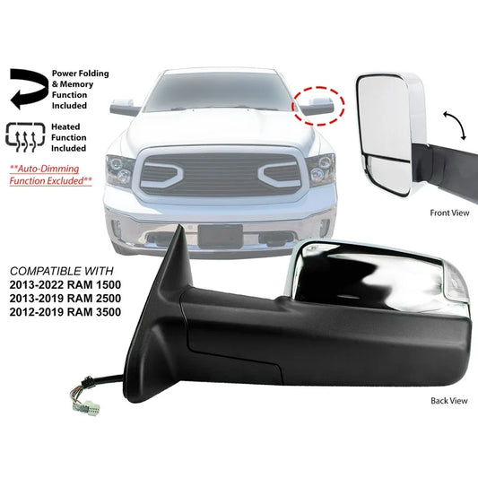 2015 - 2018 2500/3500 Dodge Ram Driver's Side Chrome Tow Mirror with Power Fold