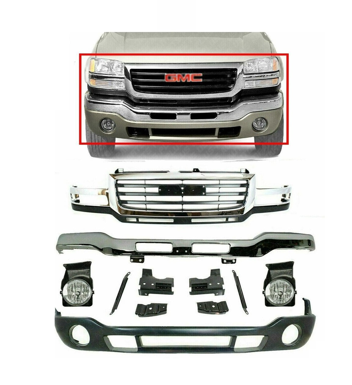 2003-2007 GMC Sierra 2500 3500 HD Front End Kit, Chrome Bumper, Chrome Grille