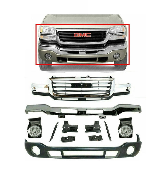 2003-2007 GMC Sierra 2500 3500 HD Front End Kit, Chrome Bumper, Chrome Grille